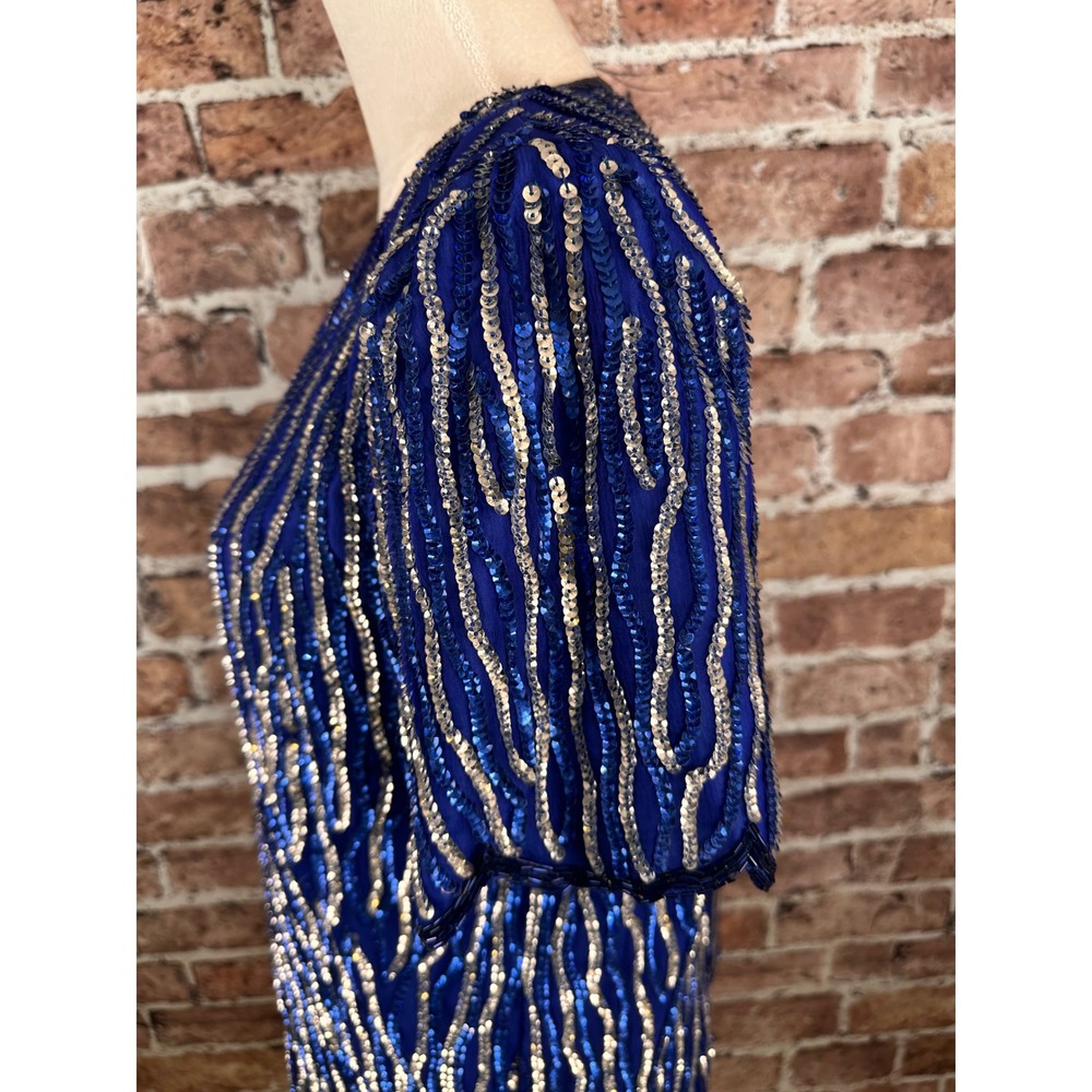 Jewel Queen Vintage Royal Blue Beaded Silk Sequin Evening Top Short Sleeve L - Picture 9 of 15